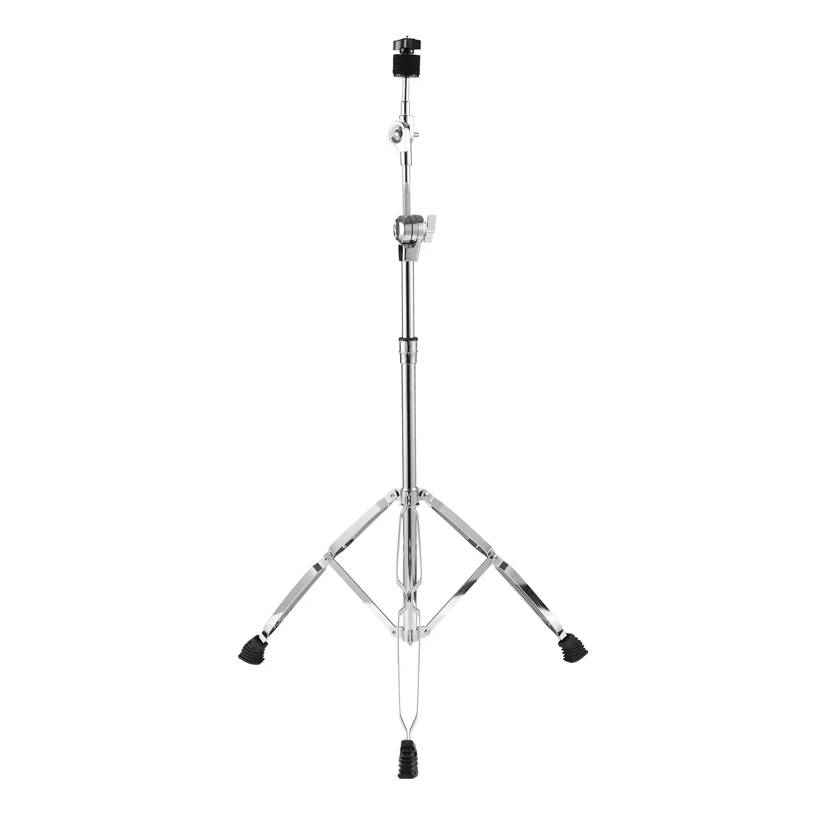 Chrome finished boom cymbal stand with double braced legs, black rubber feet, and adjustable height and angle