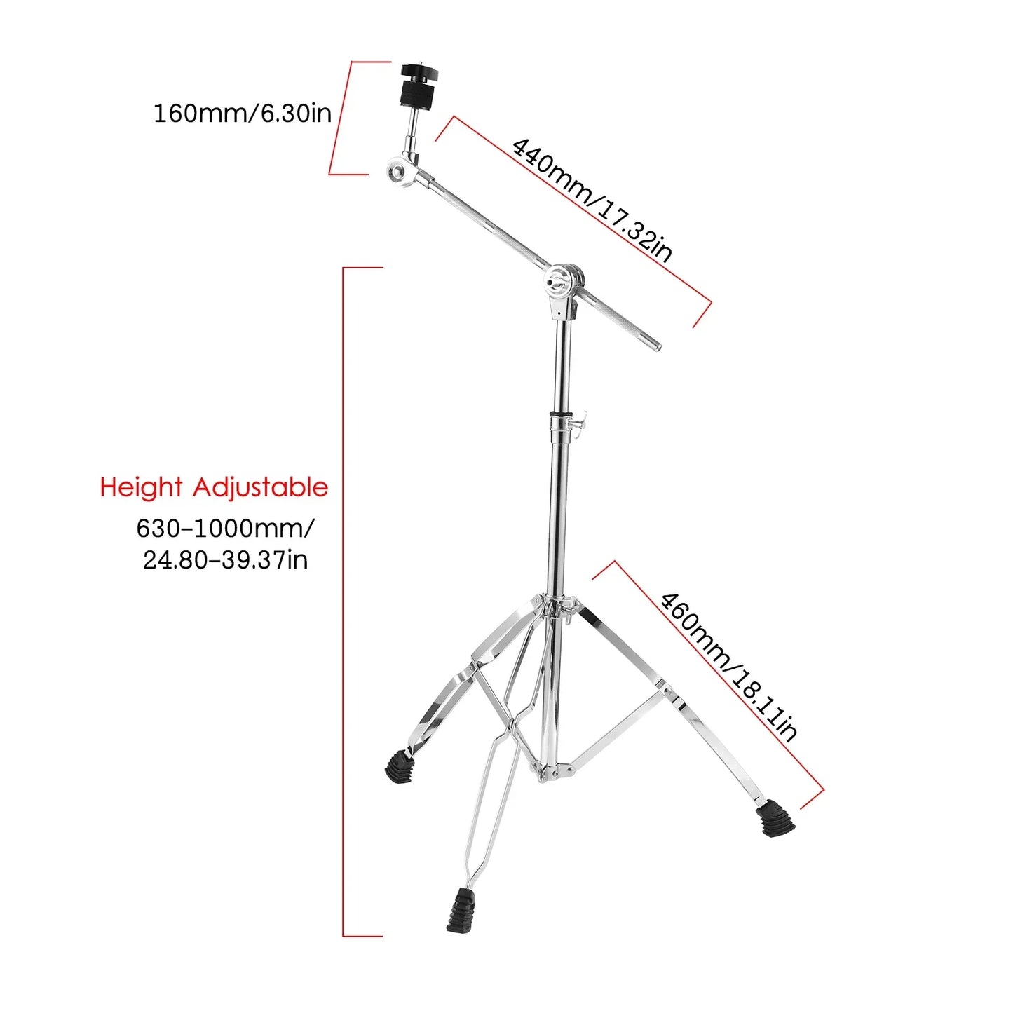 Adjustable chrome-finished boom cymbal stand with double braced legs rubber feet and measurement markings