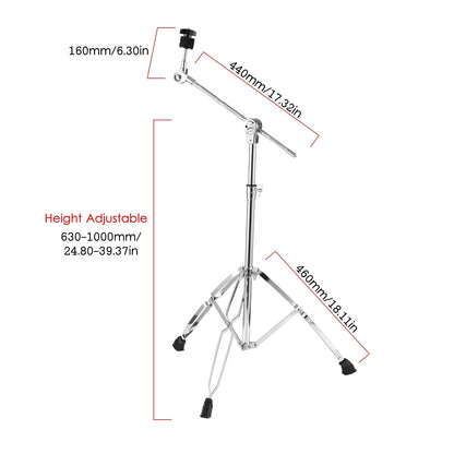 Adjustable chrome-finished boom cymbal stand with double braced legs rubber feet and measurement markings