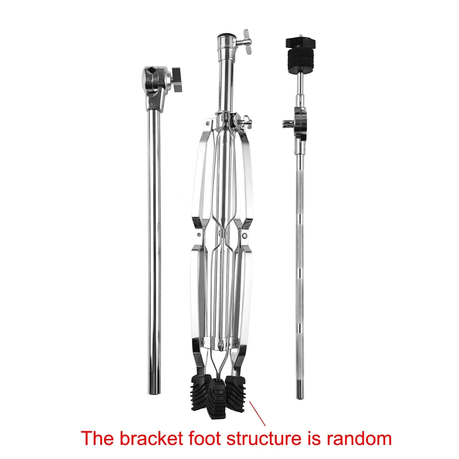 Chrome-finished boom cymbal stand with double braced legs, adjustable height, and black rubber feet for stability