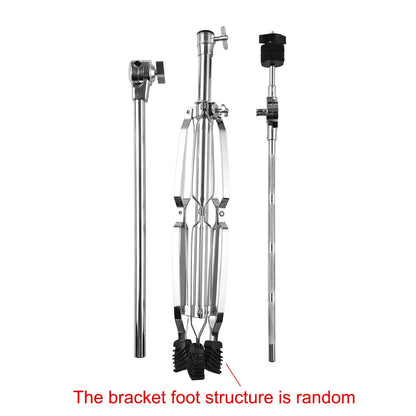 Chrome-finished boom cymbal stand with double braced legs, adjustable height, and black rubber feet for stability