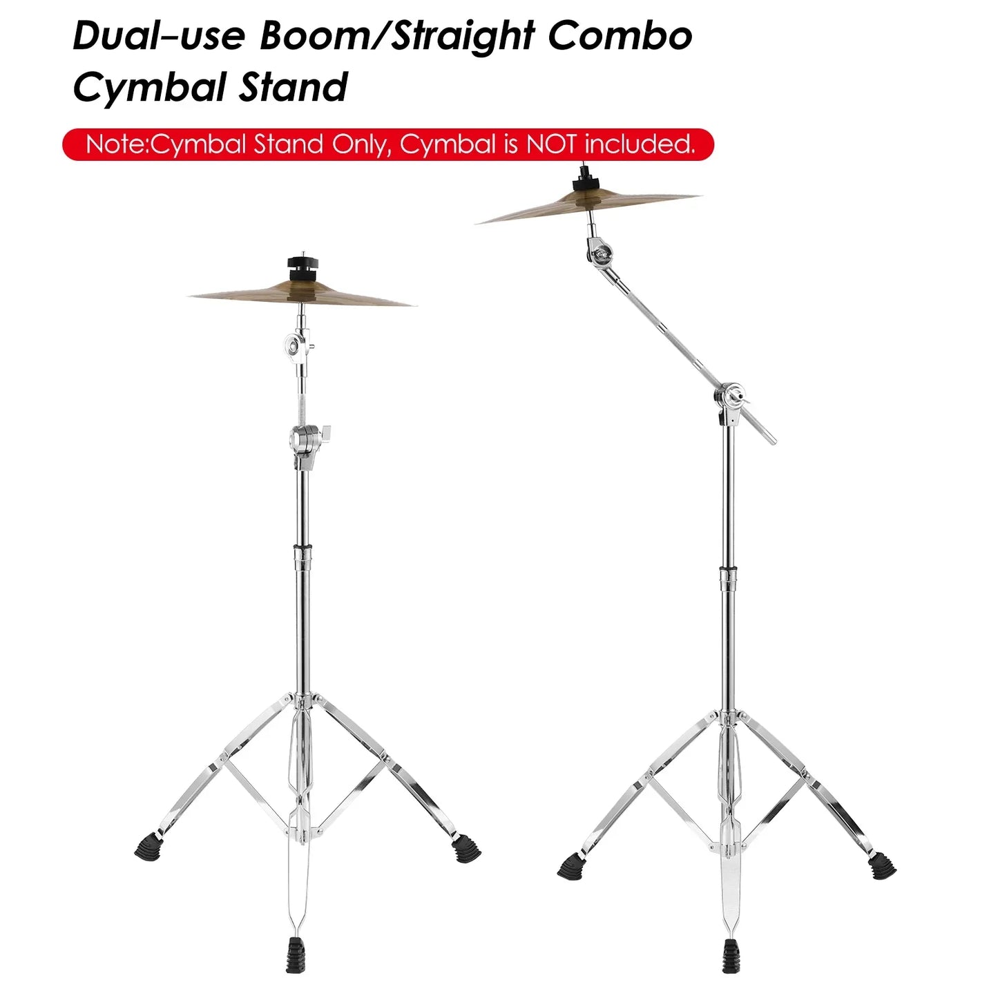 Dual-use boom and straight cymbal stand with double braced legs chrome finish and black rubber feet for stability