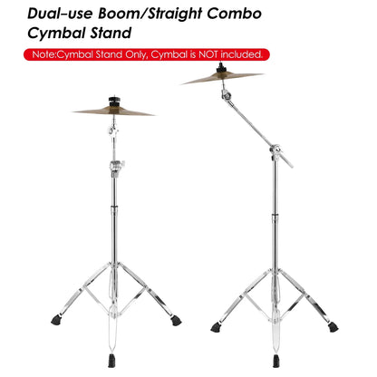Dual-use boom and straight cymbal stand with double braced legs chrome finish and black rubber feet for stability