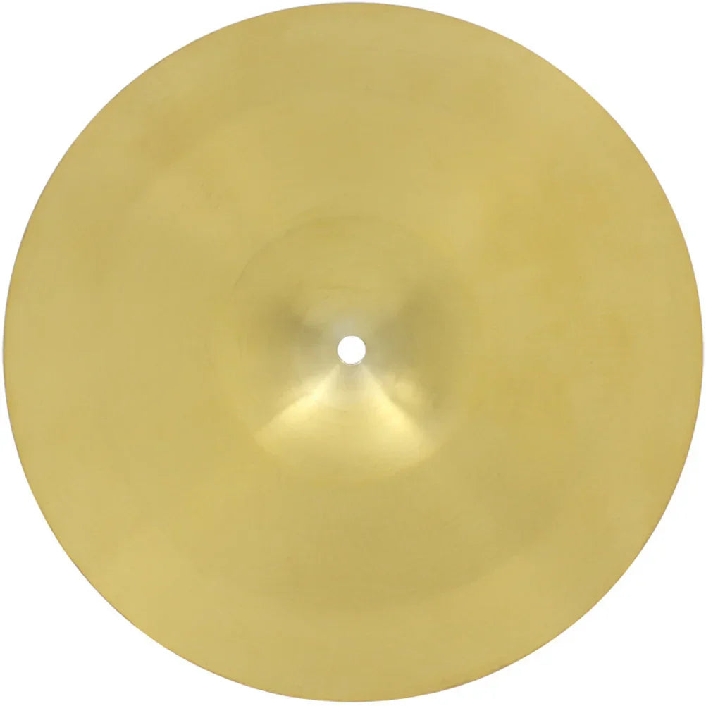 Golden-bronze universal brass jazz cymbal with smooth metallic surface and central hole for instrument drum rhinestones stand