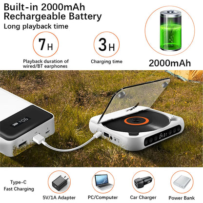White portable record player with black vinyl platter and 2000mah battery featuring external playback function
