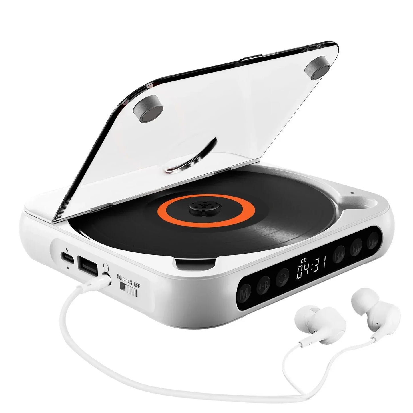 White portable cd player with transparent lid and orange-accented turntable featuring external playback function and earphones