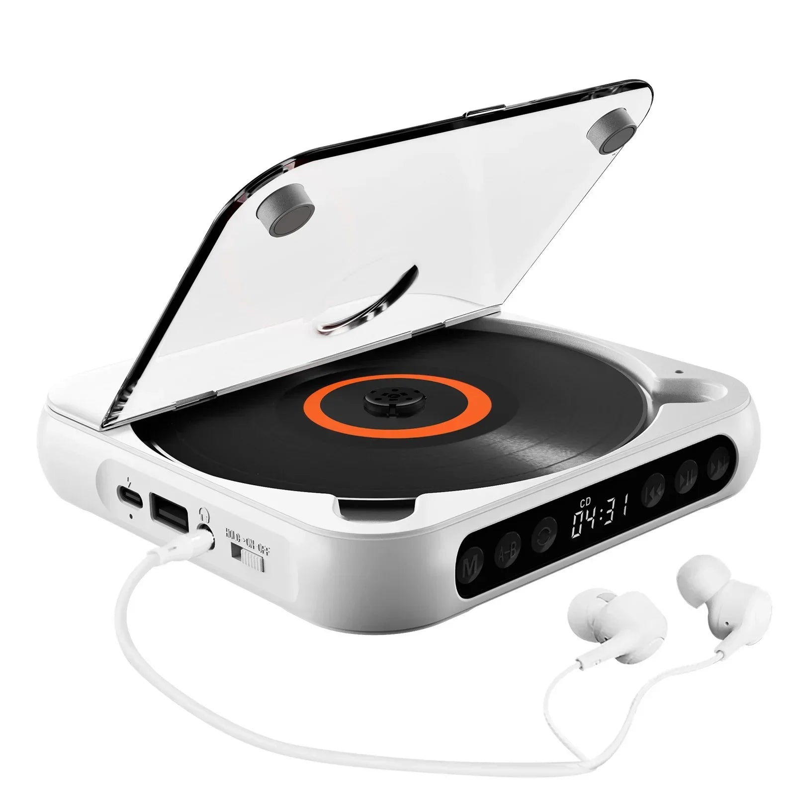 White portable cd player with transparent lid and orange-accented turntable featuring external playback function and earphones