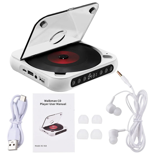 White portable cd player with transparent lid and black vinyl-style surface featuring external playback function