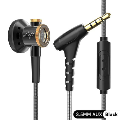 Black d08 metal in ear headphones with gold accents and mic wired clear sound bass for sports music gamer use
