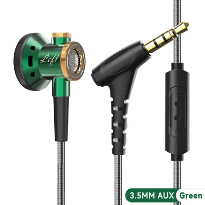D08 metal hifi green and black in-ear headphones with mic wired clear 3.5mm aux connector for sports music gamer