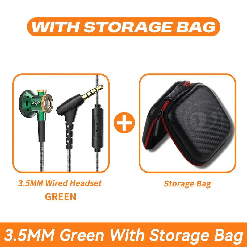 Green d08 metal hifi wired in ear headphones with mic wired clear sound bass in carbon fiber storage bag for sports music gamer
