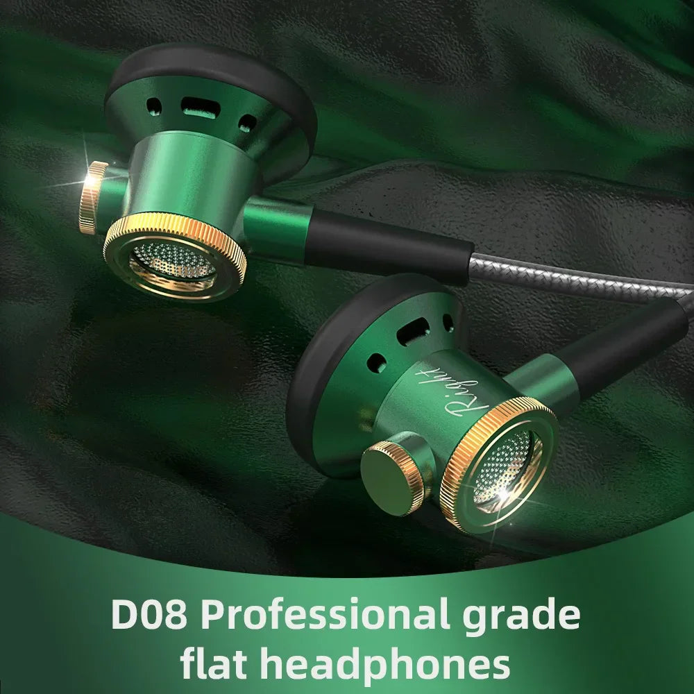 Green and gold d08 metal hifi flat headphones with metallic earpieces mic wired clear sound bass for sports music gamer