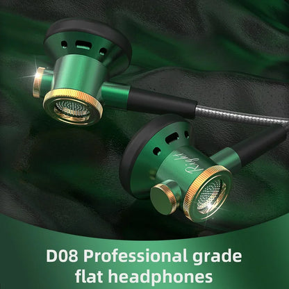 Green and gold d08 metal hifi flat headphones with metallic earpieces mic wired clear sound bass for sports music gamer