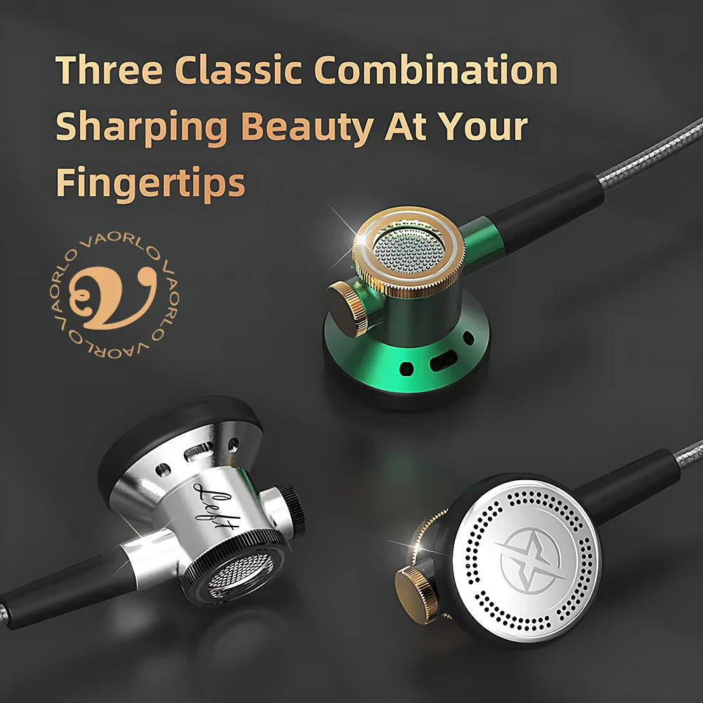 Green and silver inlaid d08 metal hi fi earphones with gold accents featuring mic wired clear sound bass for sports music gamer