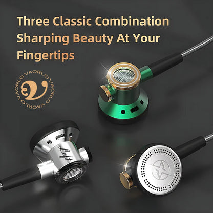 Green and silver inlaid d08 metal hi fi earphones with gold accents featuring mic wired clear sound bass for sports music gamer