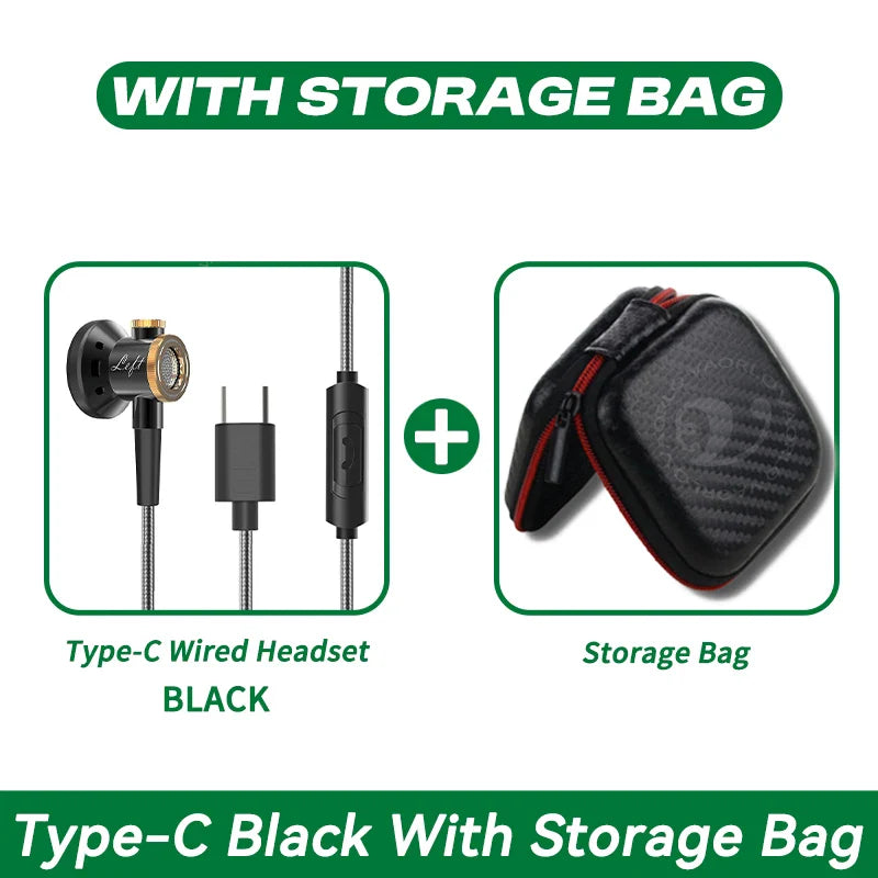 Black type-c wired in ear headphones with gold accents and storage bag featuring mic wired clear sound bass for sports music gamer