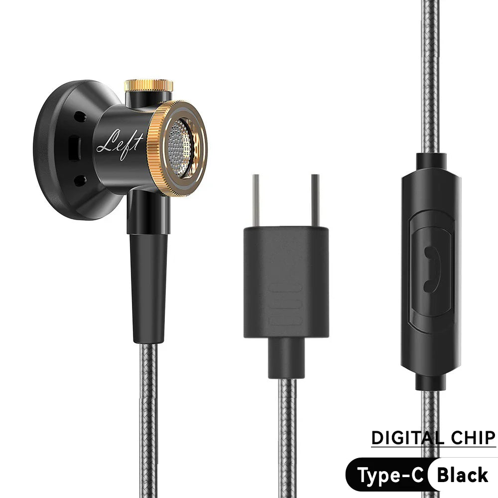 Black metal d08 hiFi in ear headphones with gold accents type-c cable mic wired clear for sports music gamer