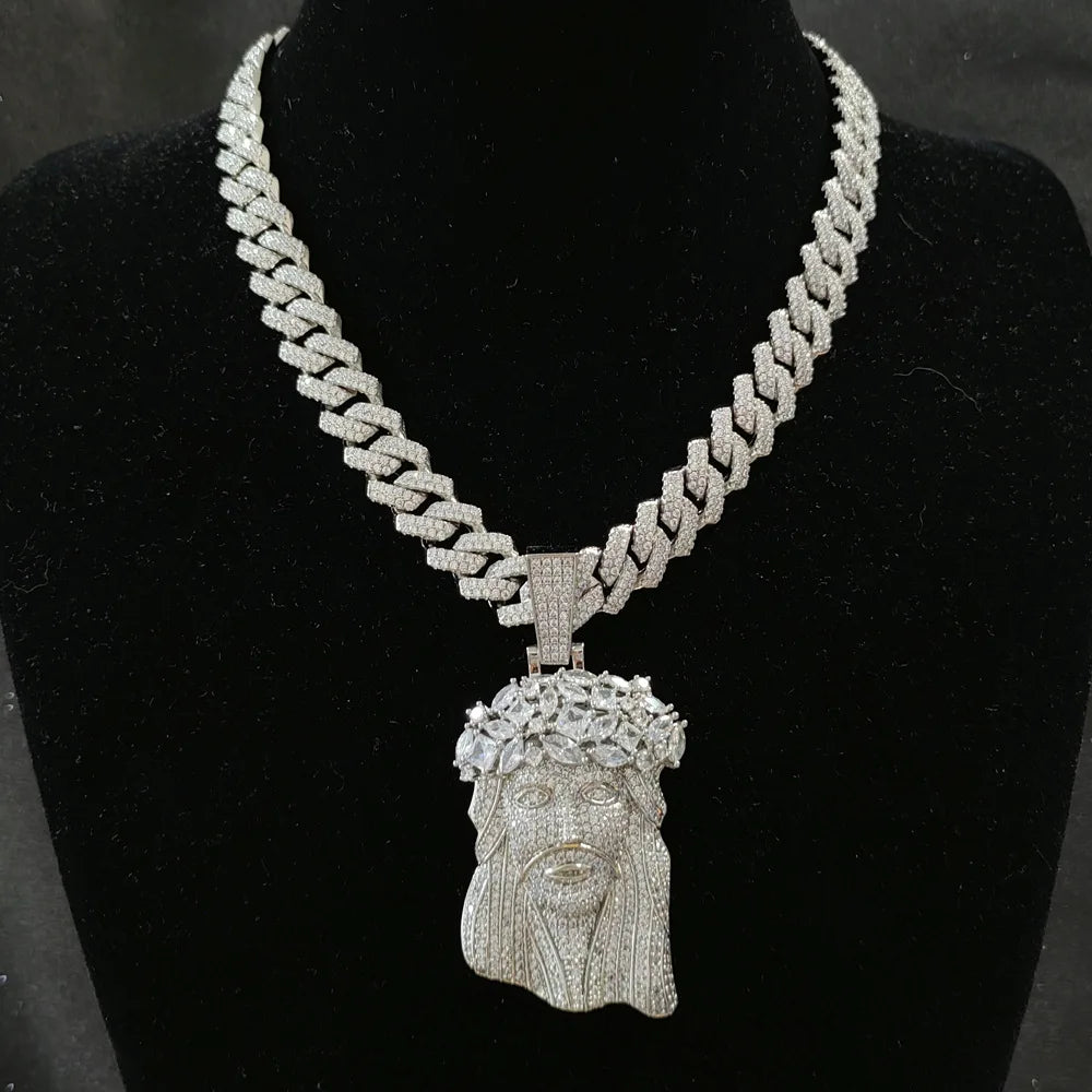 Hip Hop 5A+ CZ Stone Paved Bling Iced Out Big JESUS PIECES Pendants Necklaces for Men Rapper Jewelry with 14MM cuban chain