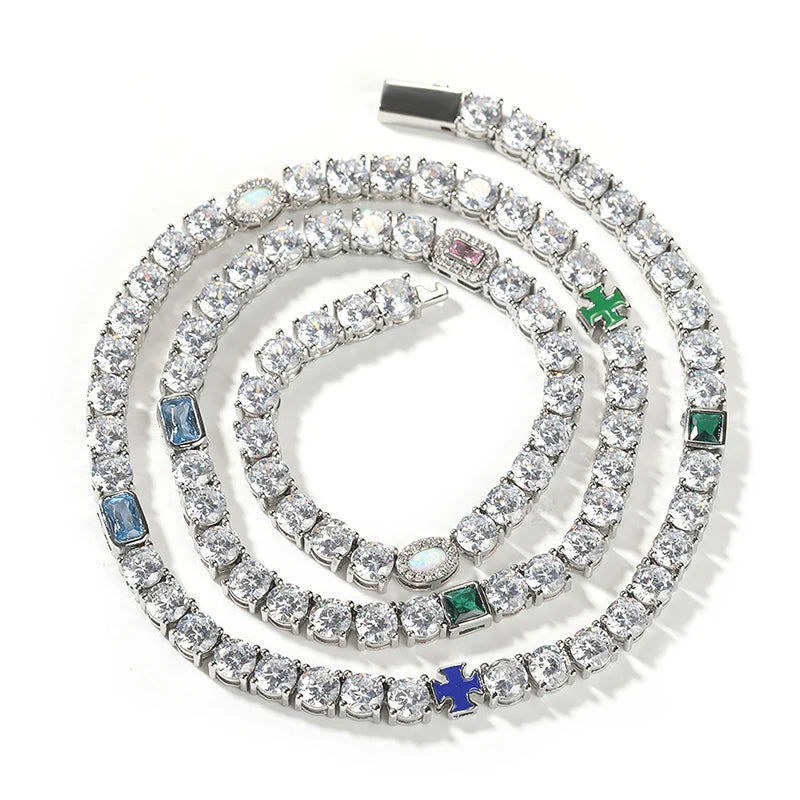 Hip Hop Color CZ Stone Paved Bling Iced Out Cross Tennis Link Chain Bracelets Necklaces for Men Women Unisex Rapper Jewelry
