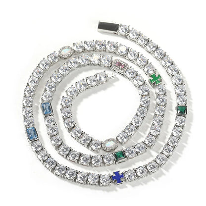 Hip Hop Color CZ Stone Paved Bling Iced Out Cross Tennis Link Chain Bracelets Necklaces for Men Women Unisex Rapper Jewelry