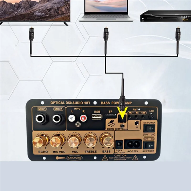 Black and gold d50 amplifier board with optical audio bluetooth multiple inputs volume controls and usb port for diy audio subwoofer use