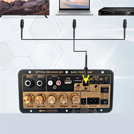 Black and gold d50 amplifier board with optical audio bluetooth multiple inputs volume controls and usb port for diy audio subwoofer use