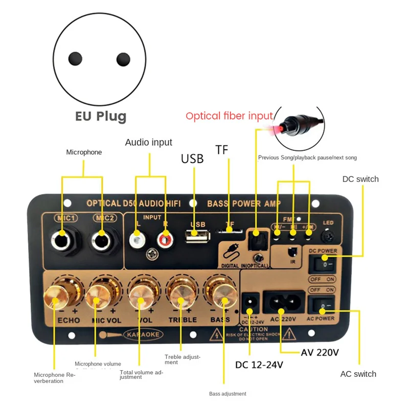 Black and gold d50 amplifier board with optical audio bluetooth input ports volume controls for diy audio subwoofer use