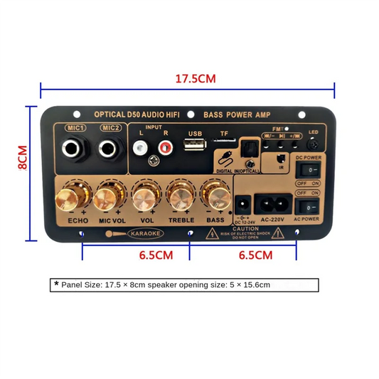 Black and gold d50 amplifier board panel with labeled knobs usb port optical audio bluetooth for diy audio subwoofer use