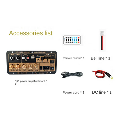 Black and gold d50 amplifier board with optical audio bluetooth usb port knobs for diy audio subwoofer use