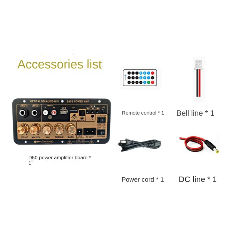 Black and gold d50 amplifier board with optical audio bluetooth usb and knobs for diy audio subwoofer home car use