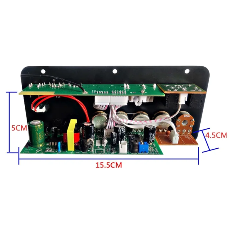 Green d50 amplifier board with black and yellow capacitors and red wiring for diy audio subwoofer and optical audio bluetooth use