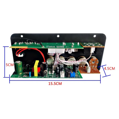 Green d50 amplifier board with black and yellow capacitors and red wiring for diy audio subwoofer and optical audio bluetooth use