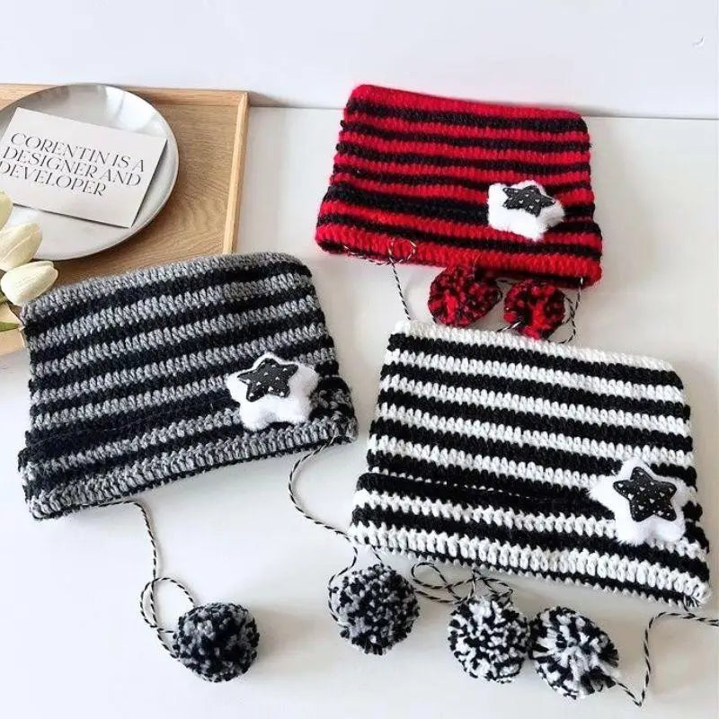 Hip-hop Y2K Beanie Hat Ins Devil Ear Striped Knitted Wool Cap Hip-hop Crochet Cute Cat Ears Pointed Pullover Women's Hats