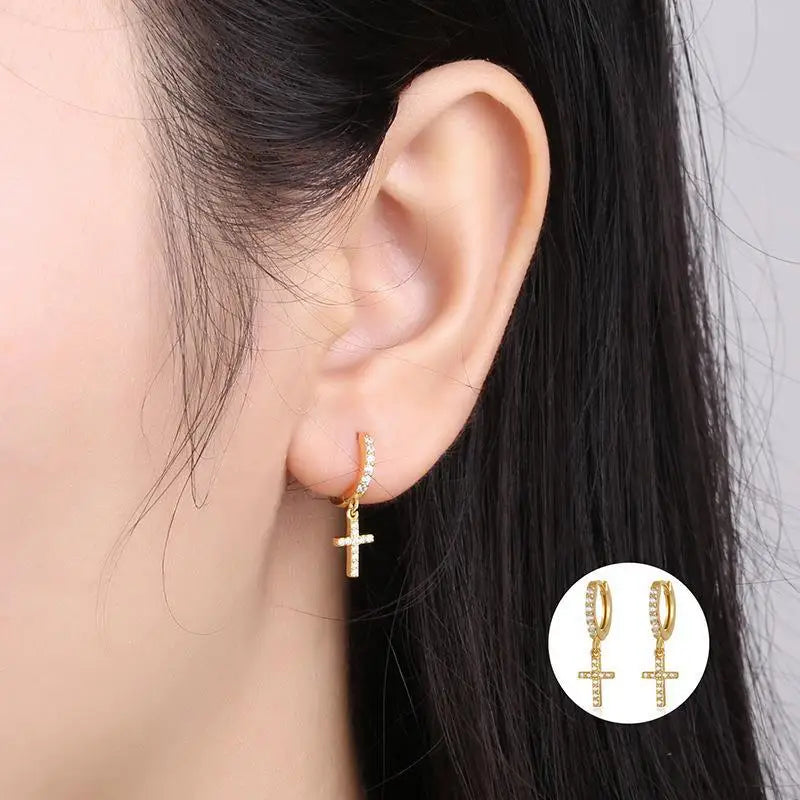 Hiphop Small Cross Pendant Earrings For Women Men Black Gold Silver Color Tiny White Zircon Ear Buckle Hoops Punk Party Jewelry