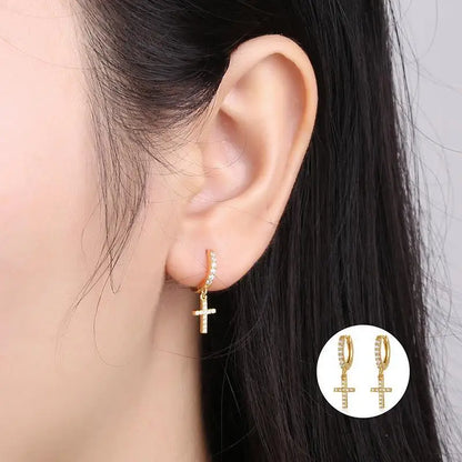 Hiphop Small Cross Pendant Earrings For Women Men Black Gold Silver Color Tiny White Zircon Ear Buckle Hoops Punk Party Jewelry