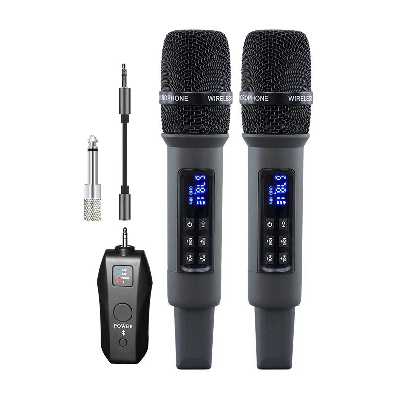 Black wireless microphone uhf handheld with mesh grille and digital display and receiver for singing live streaming studio reverb 8-12h
