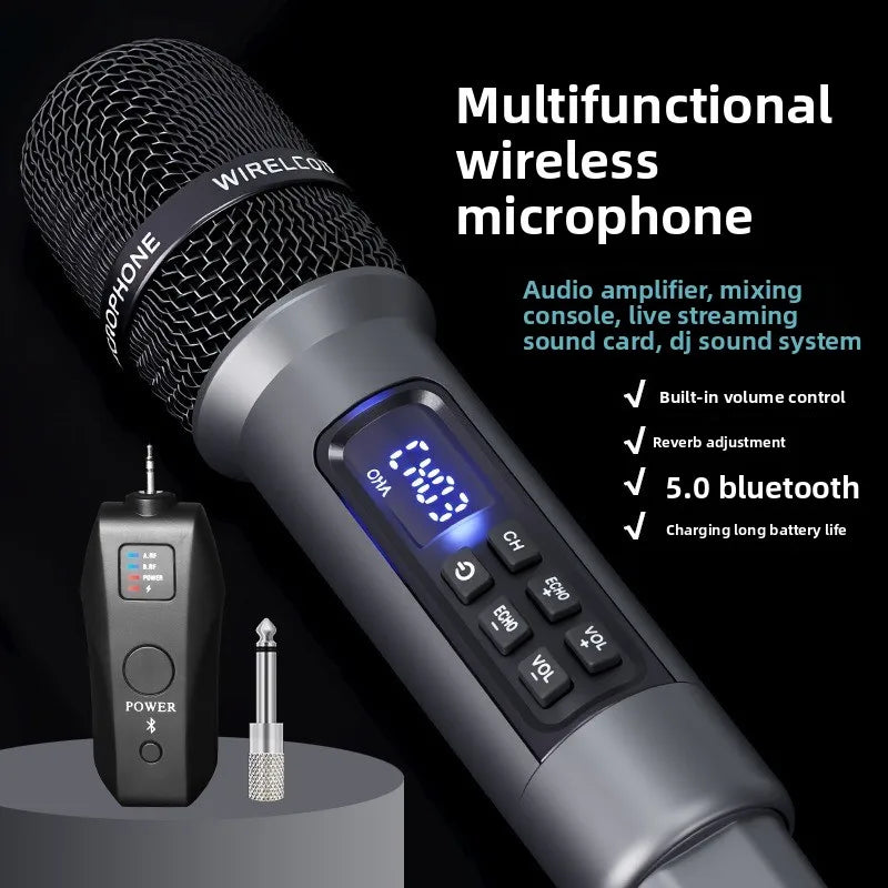 Black mesh-wired wireless microphone uhf with silver body and digital display for singing live streaming studio reverb 8-12h use