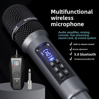 Black mesh-wired wireless microphone uhf with silver body and digital display for singing live streaming studio reverb 8-12h use