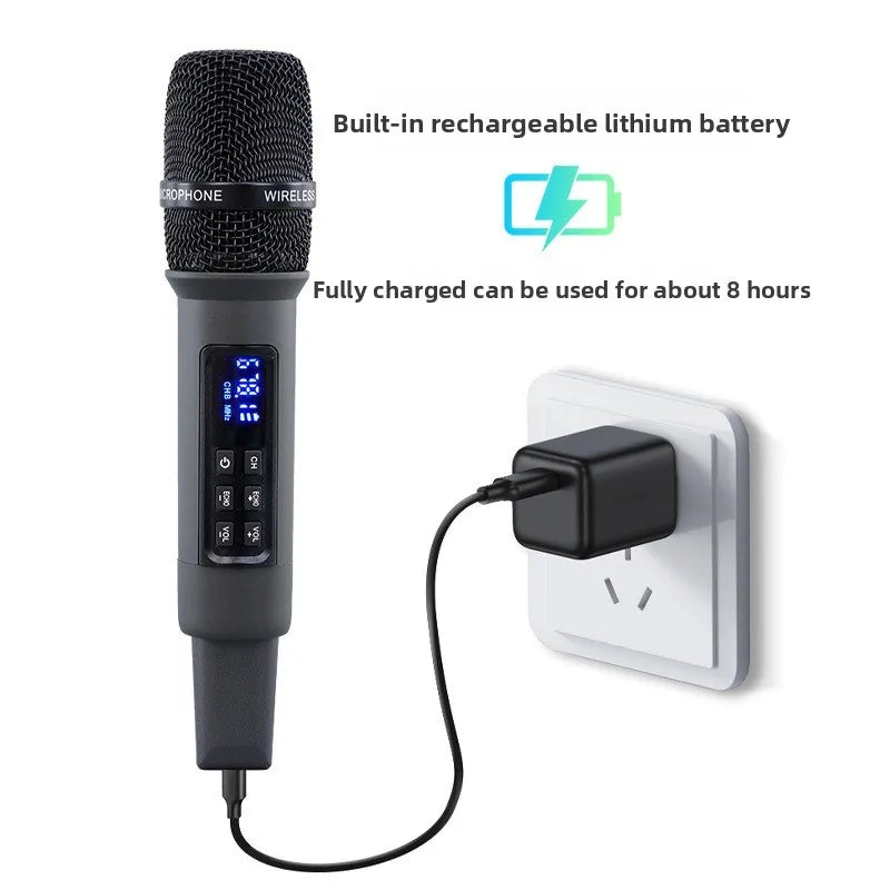 Black wireless microphone uhf with mesh grille digital display and studio reverb 8-12h for singing live streaming