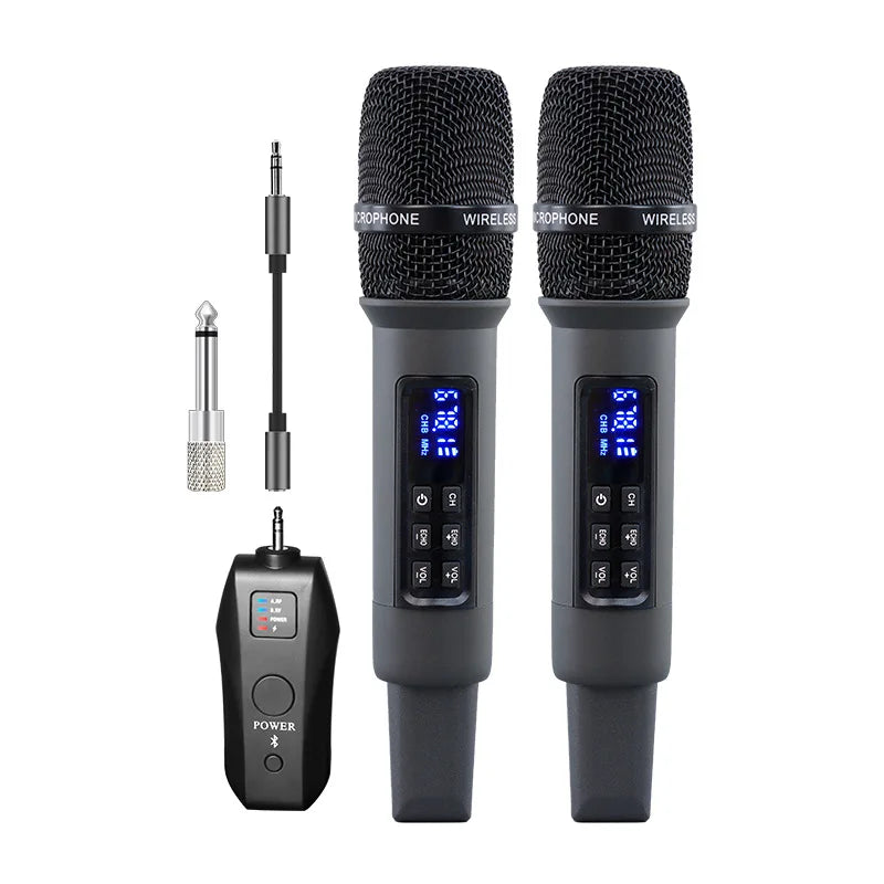 Black wireless microphone uhf dual-channel with mesh grille digital display and studio reverb 8-12h for singing live streaming