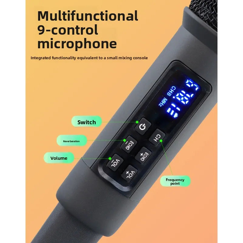 Black handheld wireless microphone uhf with digital display and control buttons for studio reverb 8-12h singing live streaming