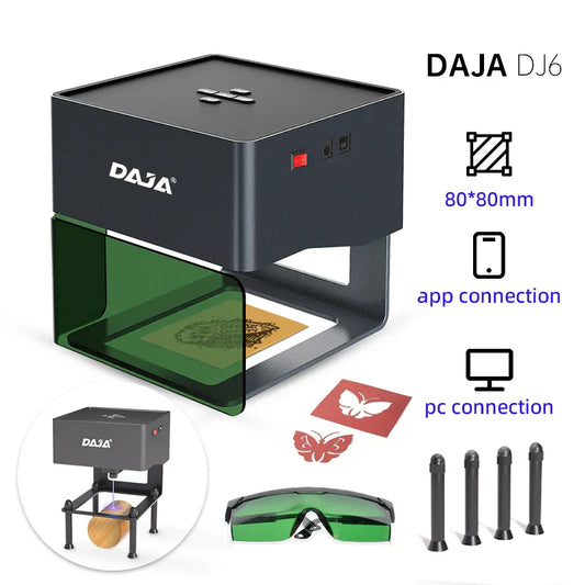 Black daja dj6 laser engraver with green enclosure and red power light for portable logo engraving woodworking wood plastic