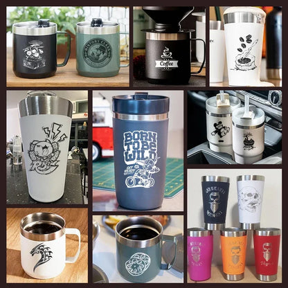 A collection of colorful stainless steel travel mugs engraved with designs using daja laser engraver cnc diy dj6 3000mw fast mini