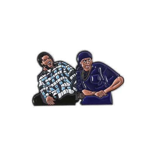 A glossy enamel pin featuring two cartoon characters in dynamic poses with blue checkered and dark blue outfits for friday chris tucker inspiration enamel pin fans of hip hop music