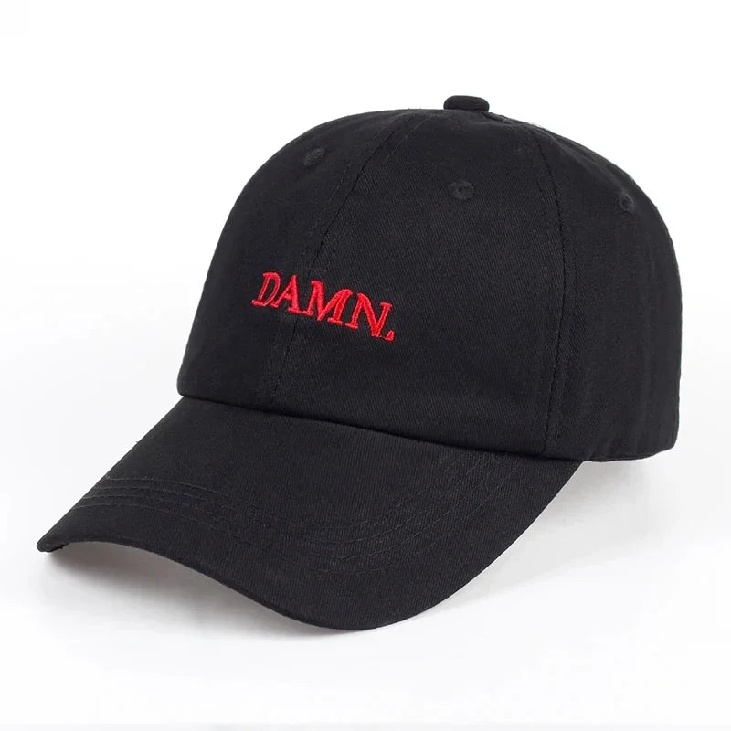 Black baseball dad hat with red embroidered damn text unstructured hip hop snapback cap for men and women