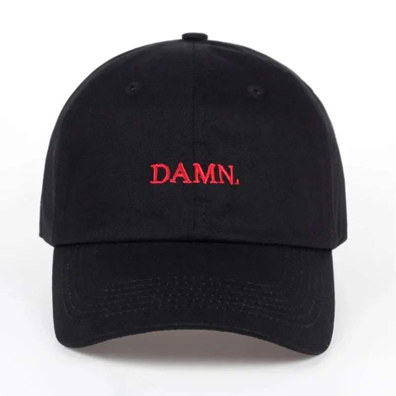 Black unstructured baseball cap with red embroidered damn text hip hop snapback dad hat for men and women