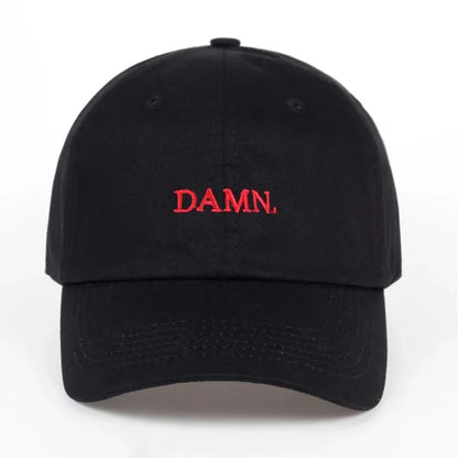 Black unstructured baseball cap with red embroidered damn text hip hop snapback dad hat for men and women