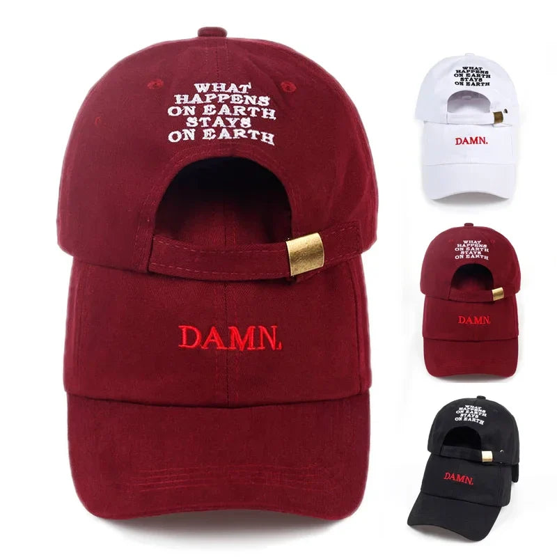 Maroon dad hat baseball cap with embroidered white and red text on back and gold-tone metal buckle for men and women