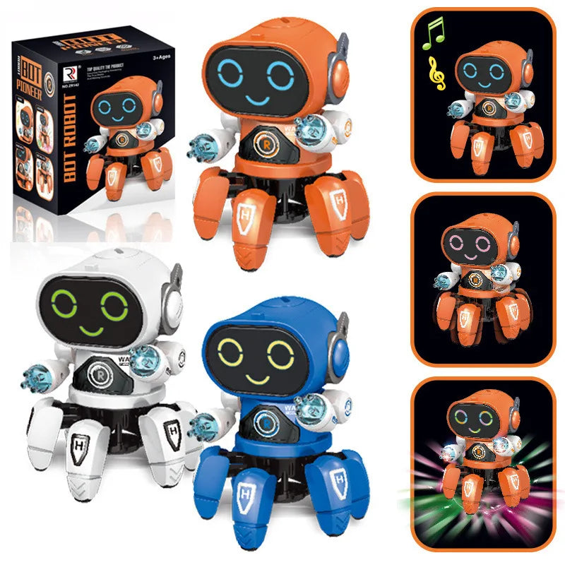 Orange white and blue claws robot octopus with glowing eyes and illuminated limbs for early education baby toy gift