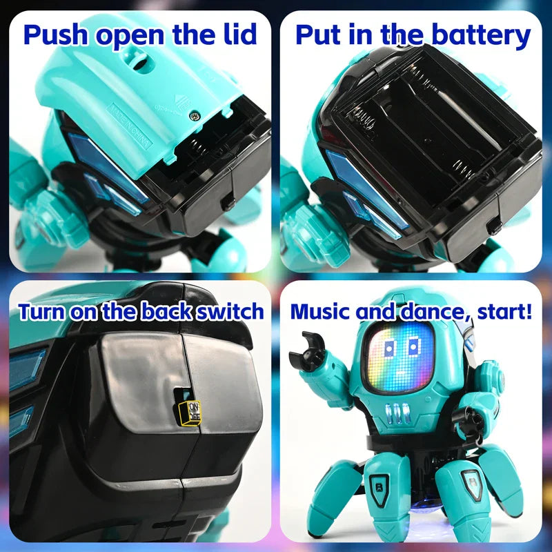 Teal and black claws robot octopus toy with led screen face articulated limbs and battery compartment for early education baby